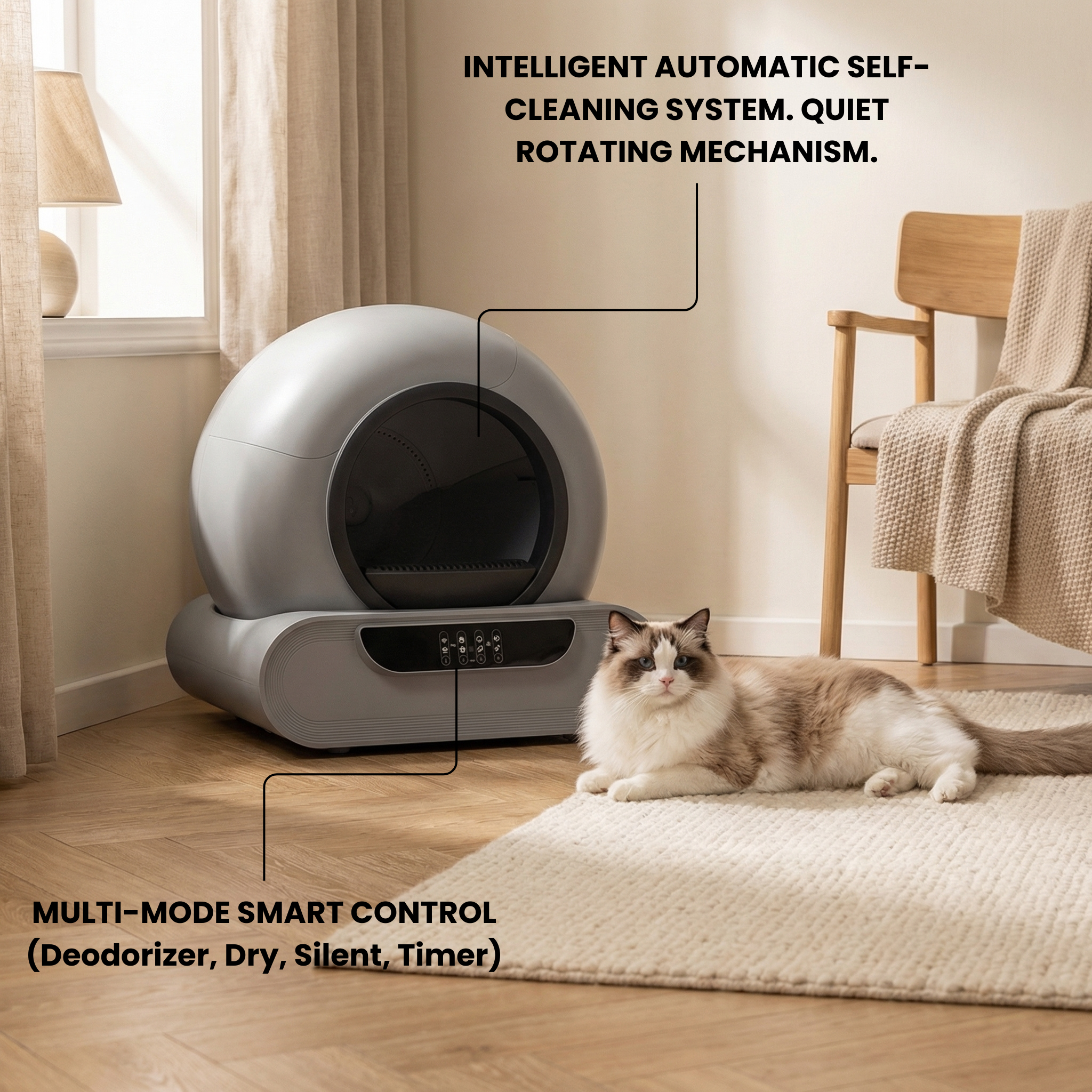Felinabox smart litter box in home interior with app remote control monitoring feature