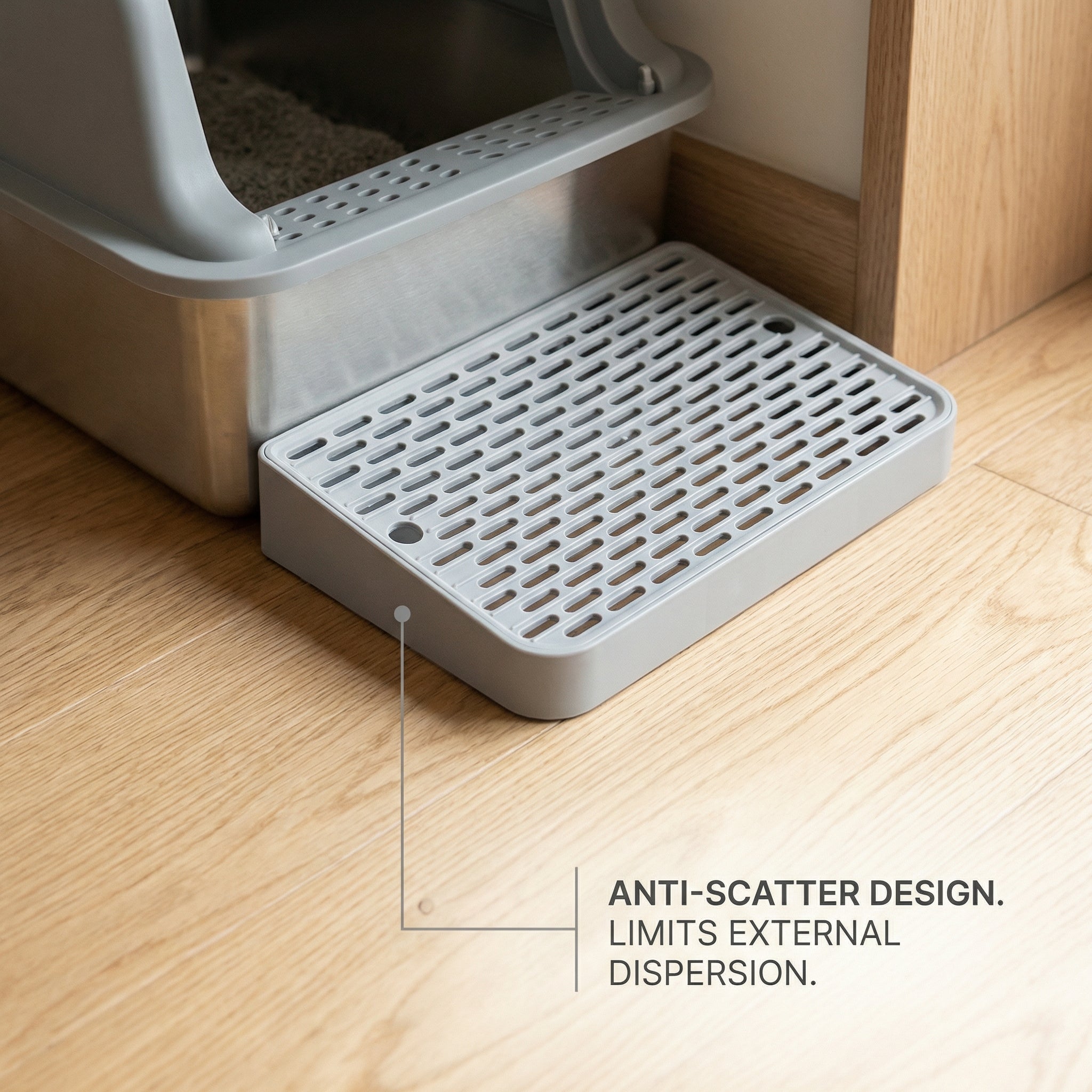 FelinaBox anti-scatter litter mat with open cat litter box on wooden floor – limits litter dispersion outside box