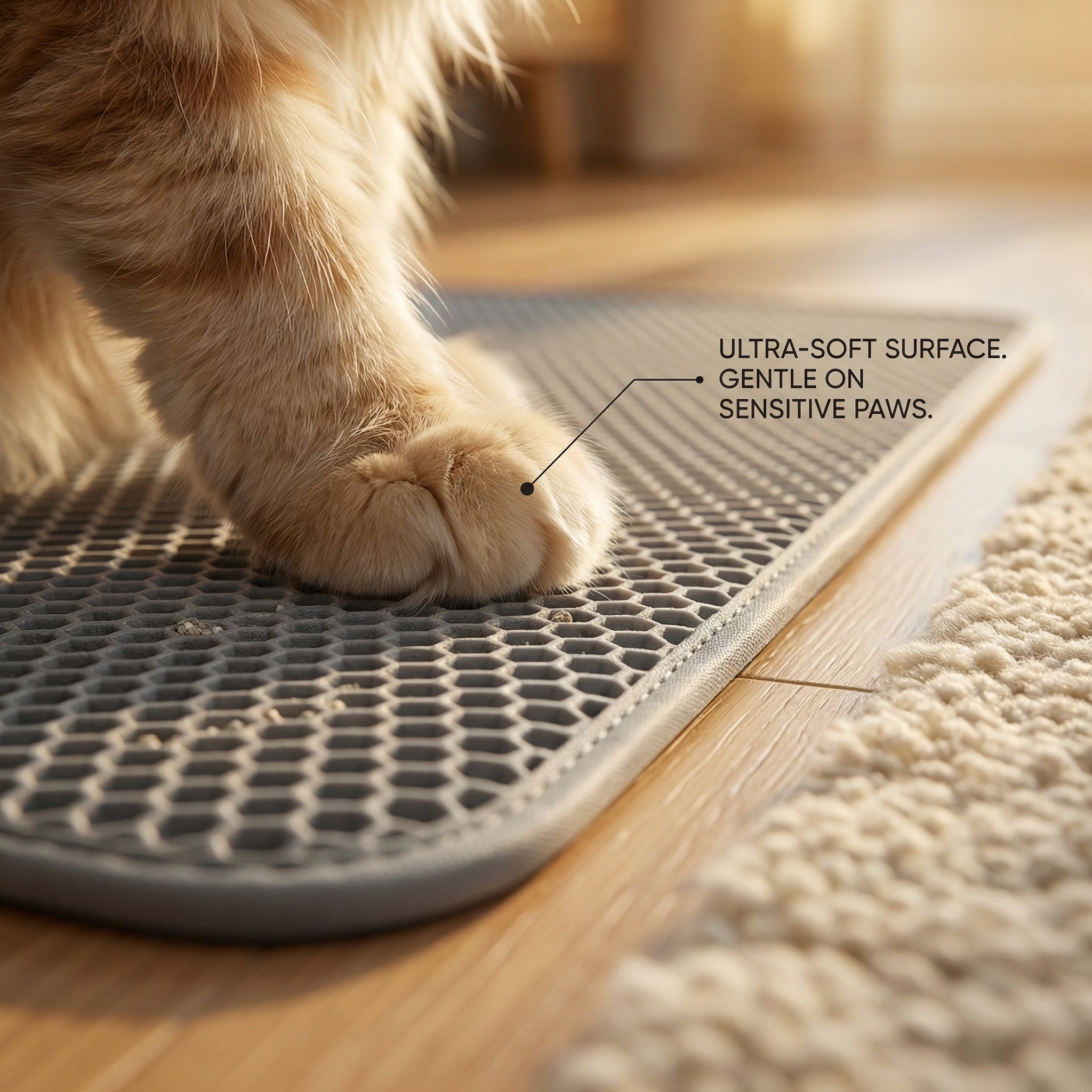 Cat paws on Felinabox anti-tracking litter mat textured surface trapping loose litter debris