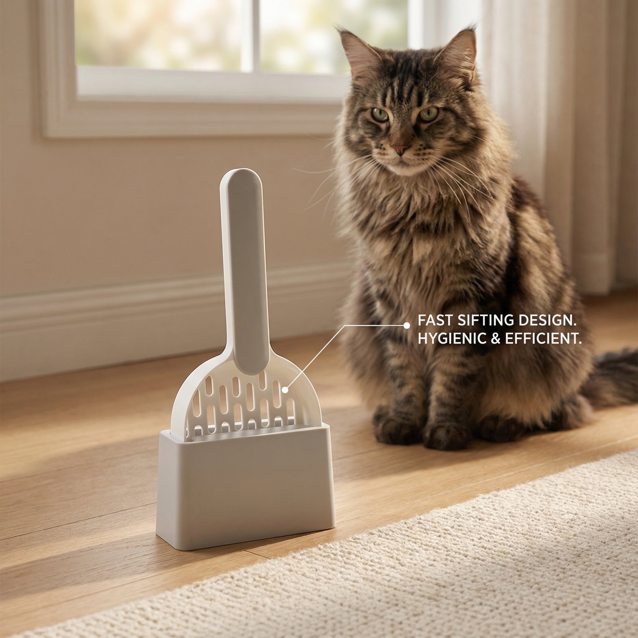 Felinabox cat litter scoop in use beside litter box with cat - daily hygiene maintenance accessory