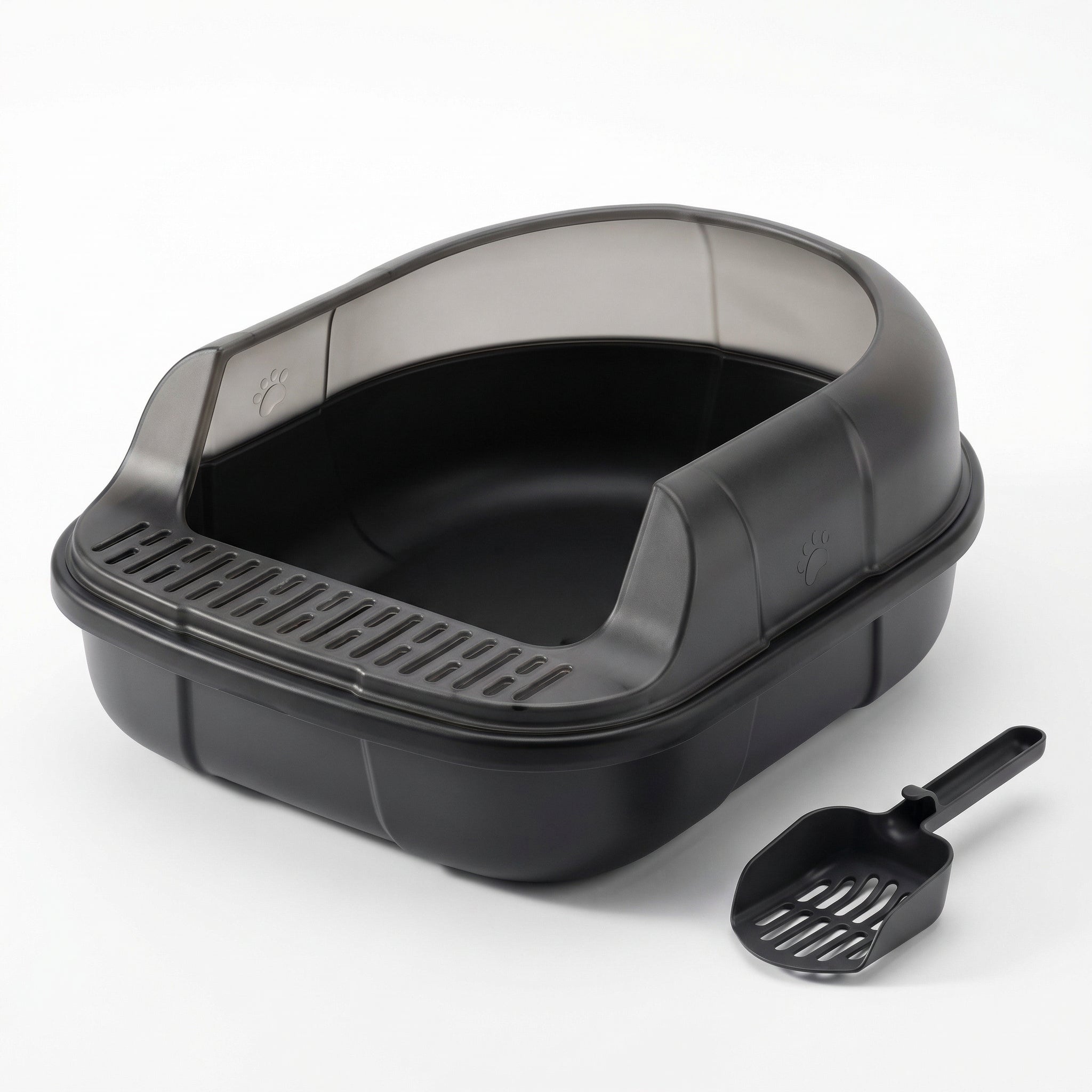 Felinabox open cat litter box with high sides and scoop - black easy clean PP plastic design