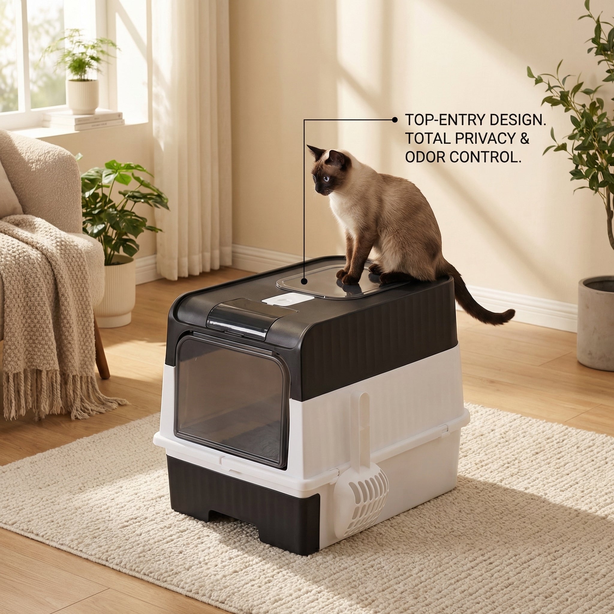 Felinabox enclosed top-entry cat litter box in modern home interior - compact odor control design