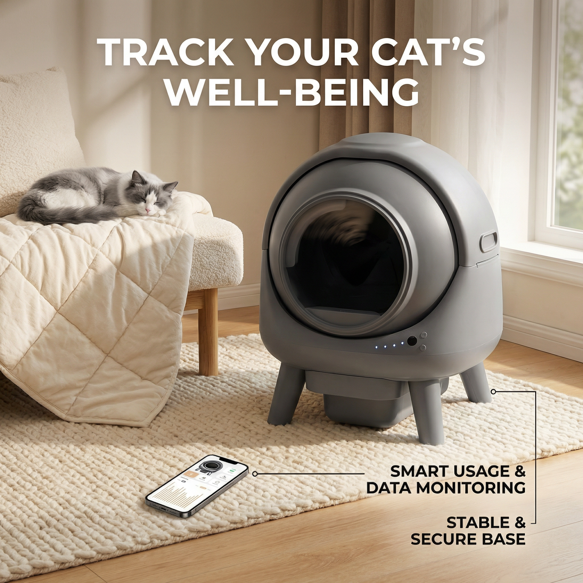 Felinabox self-cleaning litter box gray side view showing removable 8L waste container