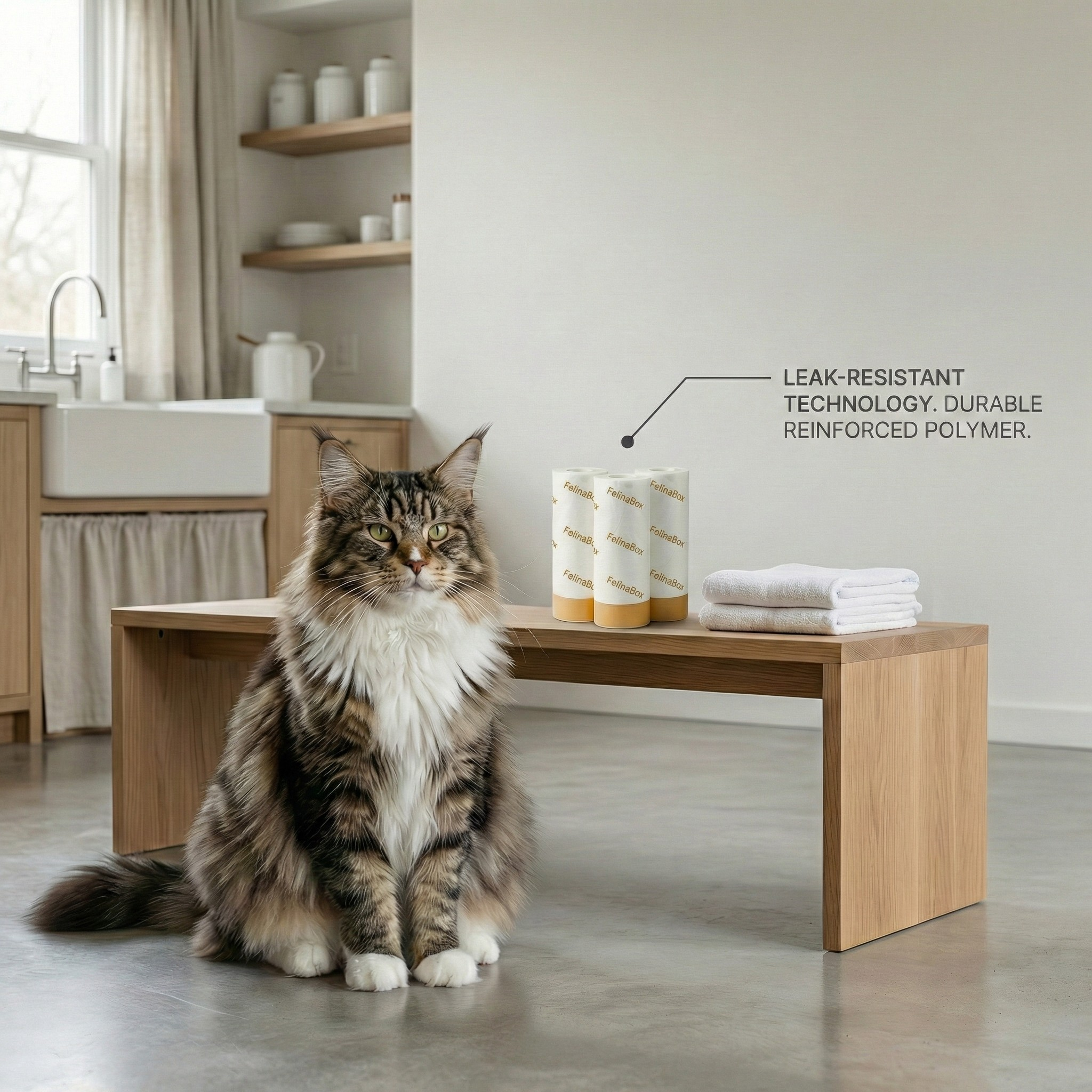 Large fluffy cat next to FelinaBox leak-resistant litter bag rolls – durable reinforced polymer cat litter liners